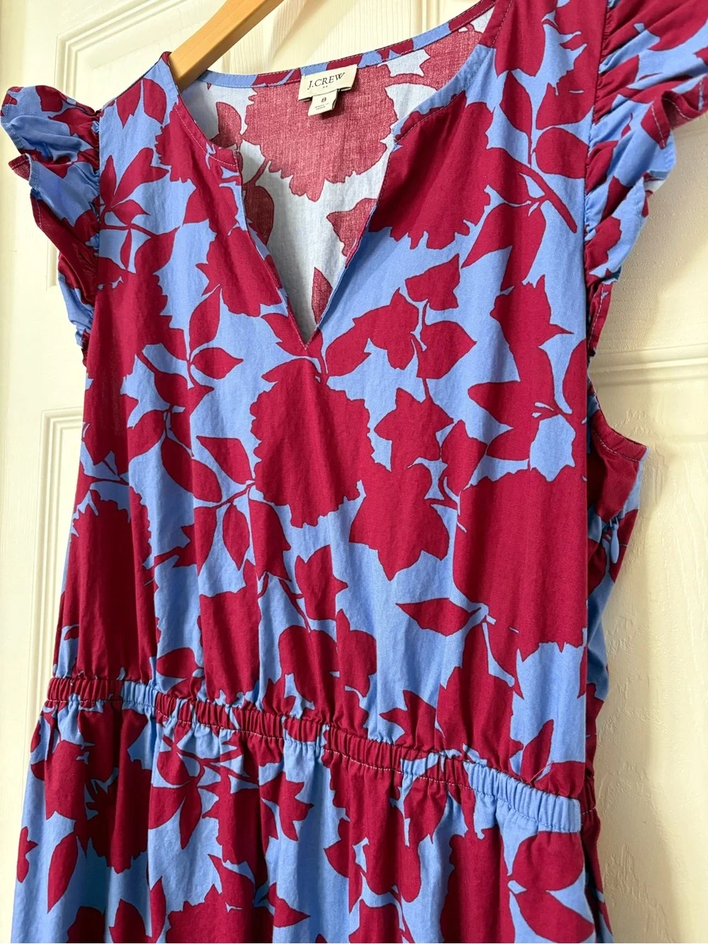 J. Crew Blue and Magenta Floral Tiered V‑Neck Midi Dress